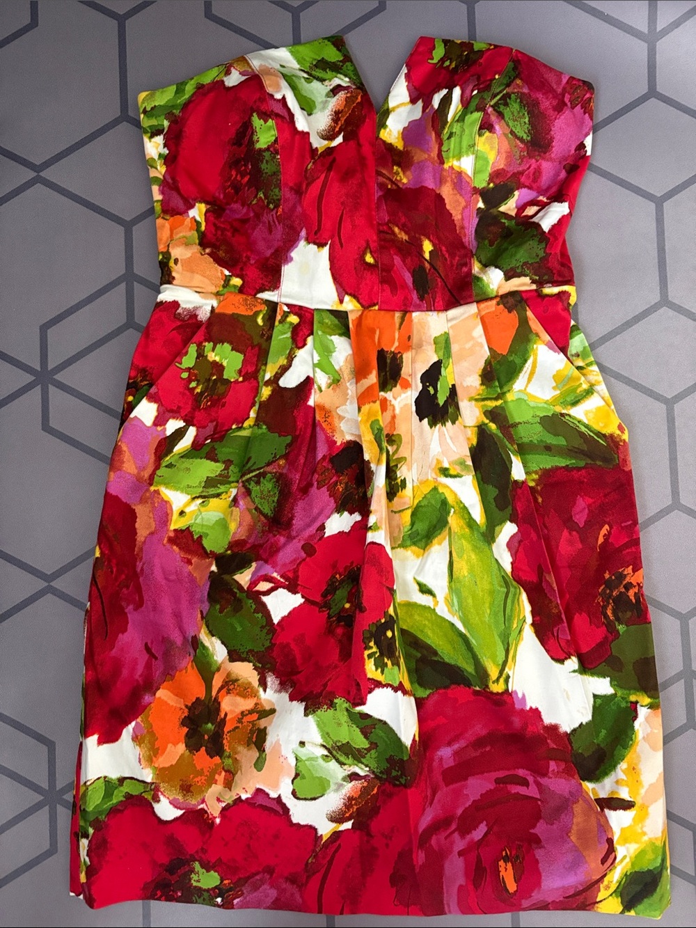 Jodi Kristopher Strapless Floral Dress in Red, Green & Orange
